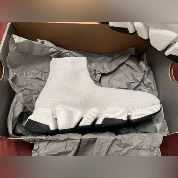 Balenciaga White Knit Sock Sneakers with Black Sole Accents - Picture 3 of 8